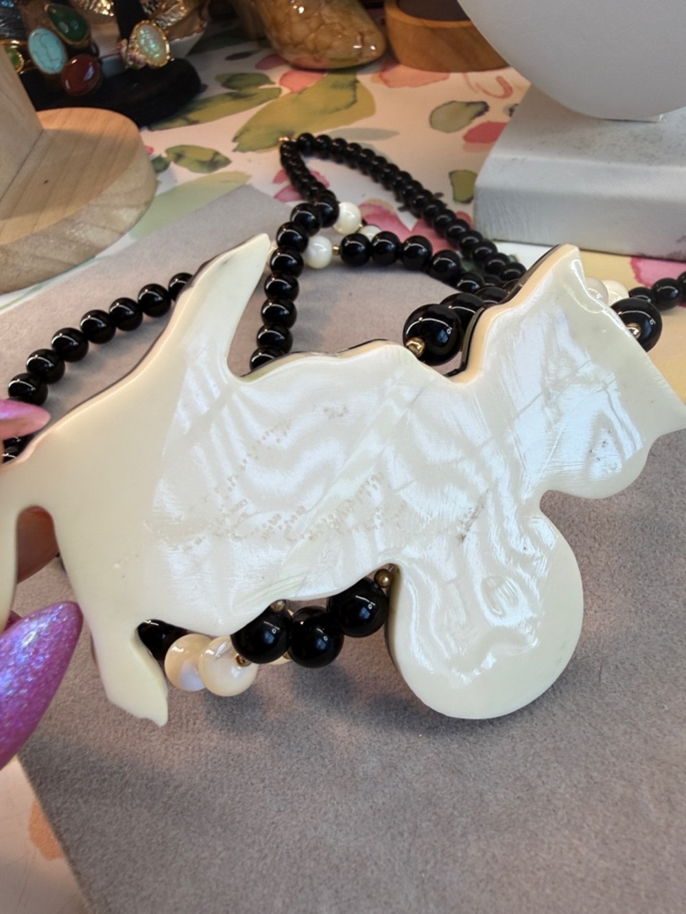 Vintage Sands Black & White Cat Mother Pearl Pendant Bead Necklace - Picture 7 of 7